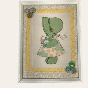 Vintage Hand Made Quilt Square in White Frame Sun Bonnet Sue Folk Art Buttons